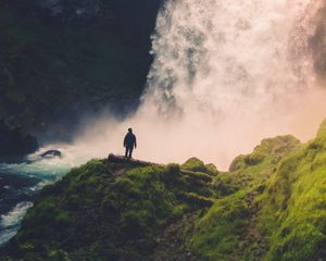 Preview wallpaper loneliness, alone, waterfall, rocks, moss