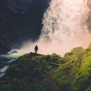 Preview wallpaper loneliness, alone, waterfall, rocks, moss