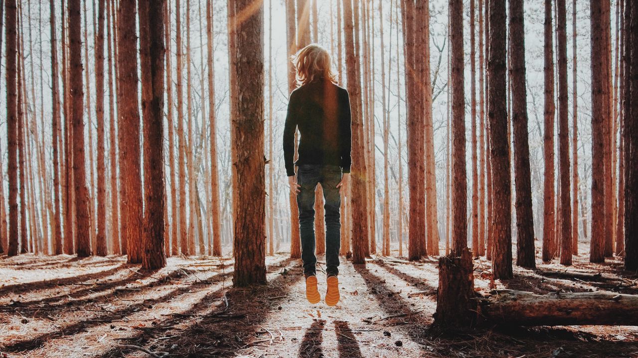 Wallpaper loneliness, forest, levitation, jump, shadow