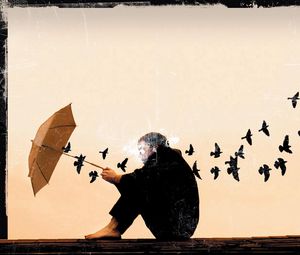 Preview wallpaper loneliness, mood, umbrella, people, birds