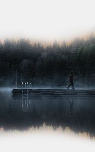 Preview wallpaper loneliness, pier, fog, river, dawn