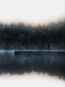 Preview wallpaper loneliness, pier, fog, river, dawn