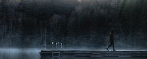 Preview wallpaper loneliness, pier, fog, river, dawn