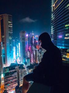 Preview wallpaper loneliness, roof, mask, skyscraper, night city