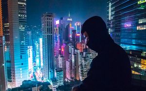 Preview wallpaper loneliness, roof, mask, skyscraper, night city