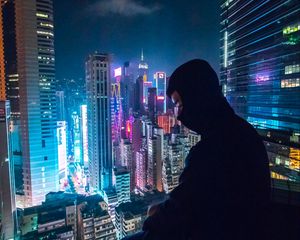 Preview wallpaper loneliness, roof, mask, skyscraper, night city