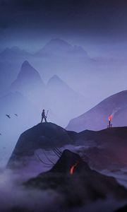 Preview wallpaper lonely, loneliness, fog, mountains, torch