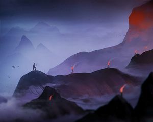 Preview wallpaper lonely, loneliness, fog, mountains, torch