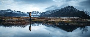 Preview wallpaper lonely, loneliness, mountains, grass, reflection