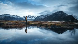 Preview wallpaper lonely, loneliness, mountains, grass, reflection