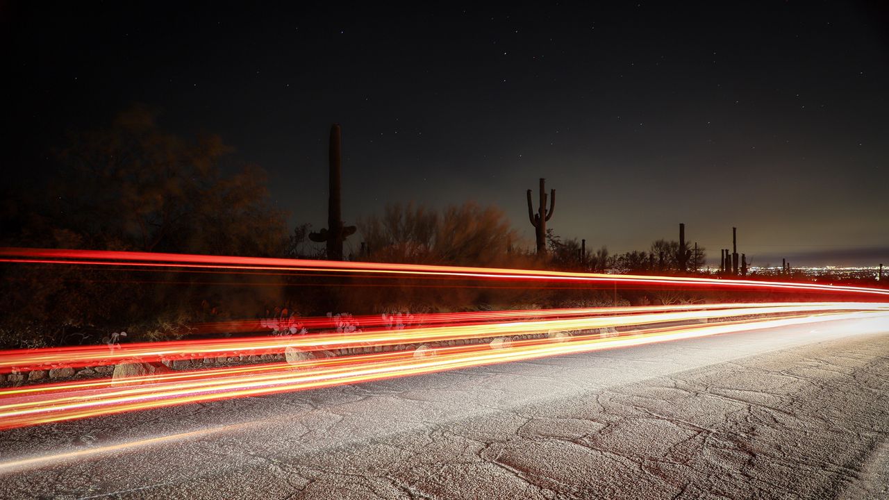 Wallpaper long exposure, cactus, starry sky, road