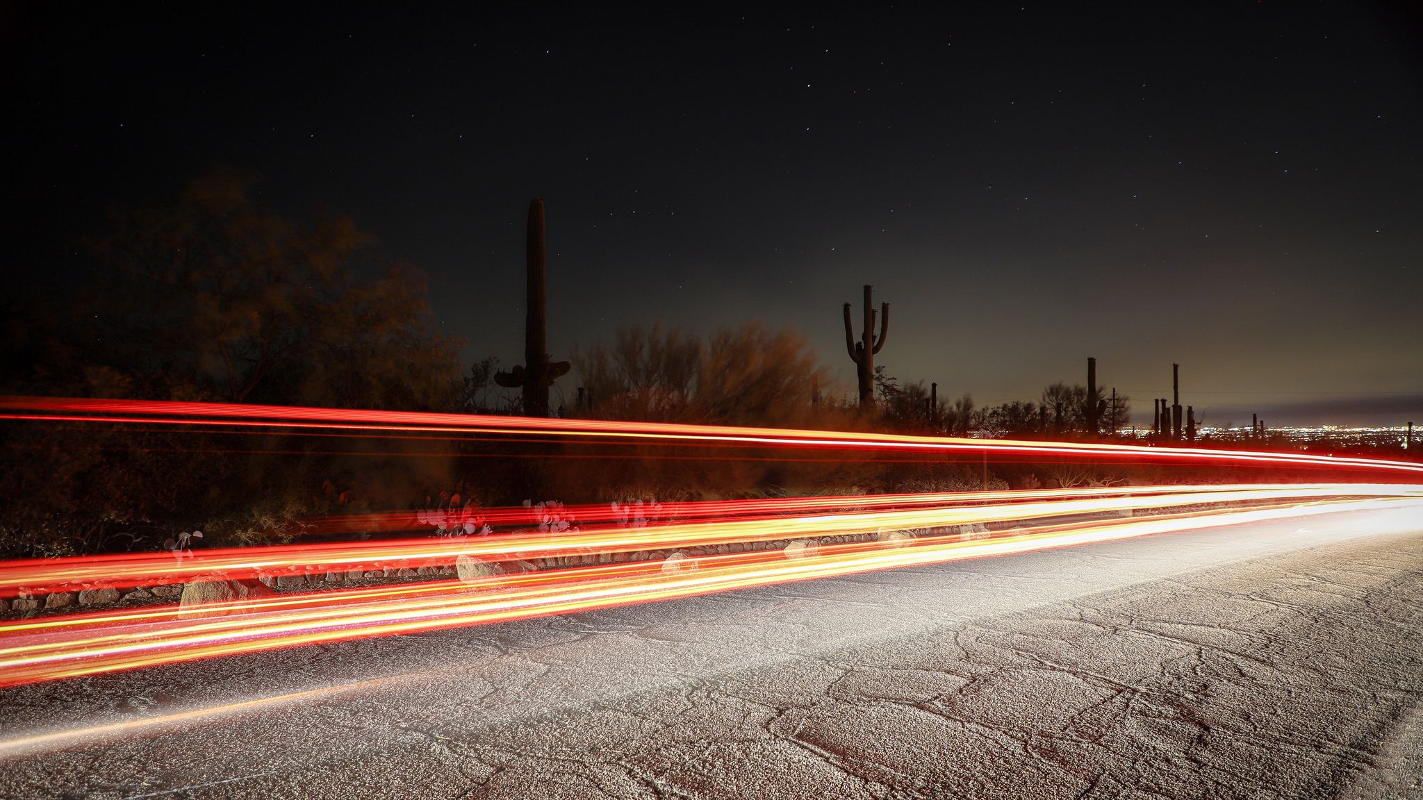 2048x1152 Wallpaper long exposure, cactus, starry sky, road