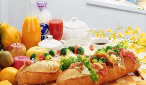 Preview wallpaper long loaf, sandwich, stuffing, table