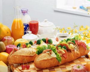 Preview wallpaper long loaf, sandwich, stuffing, table