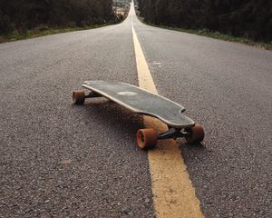 Preview wallpaper longboard, skateboard, road, marking, distance