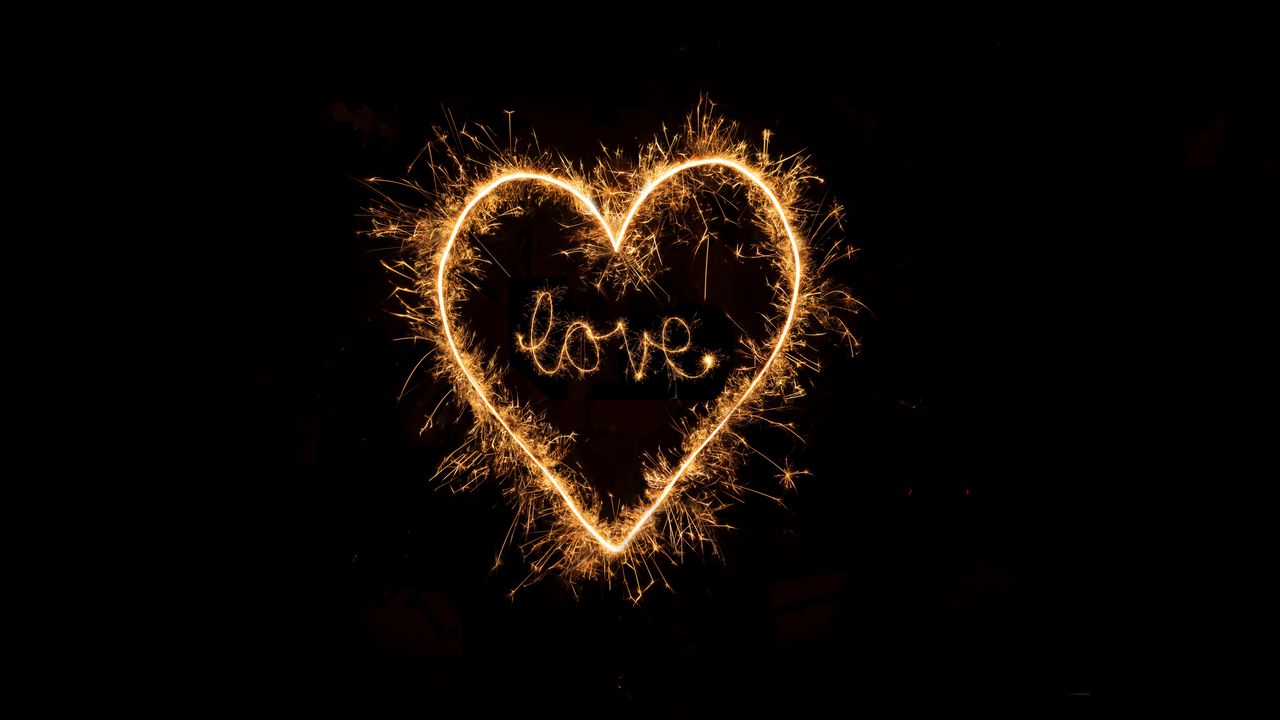 Wallpaper love, word, heart, sparks, light