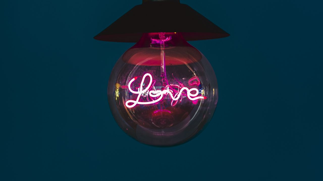 Wallpaper love, word, neon, light bulb, light, pink