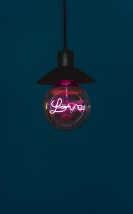 Preview wallpaper love, word, neon, light bulb, light, pink