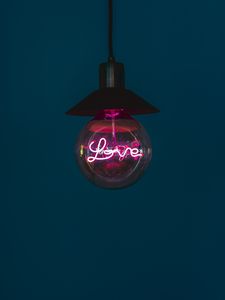 Preview wallpaper love, word, neon, light bulb, light, pink