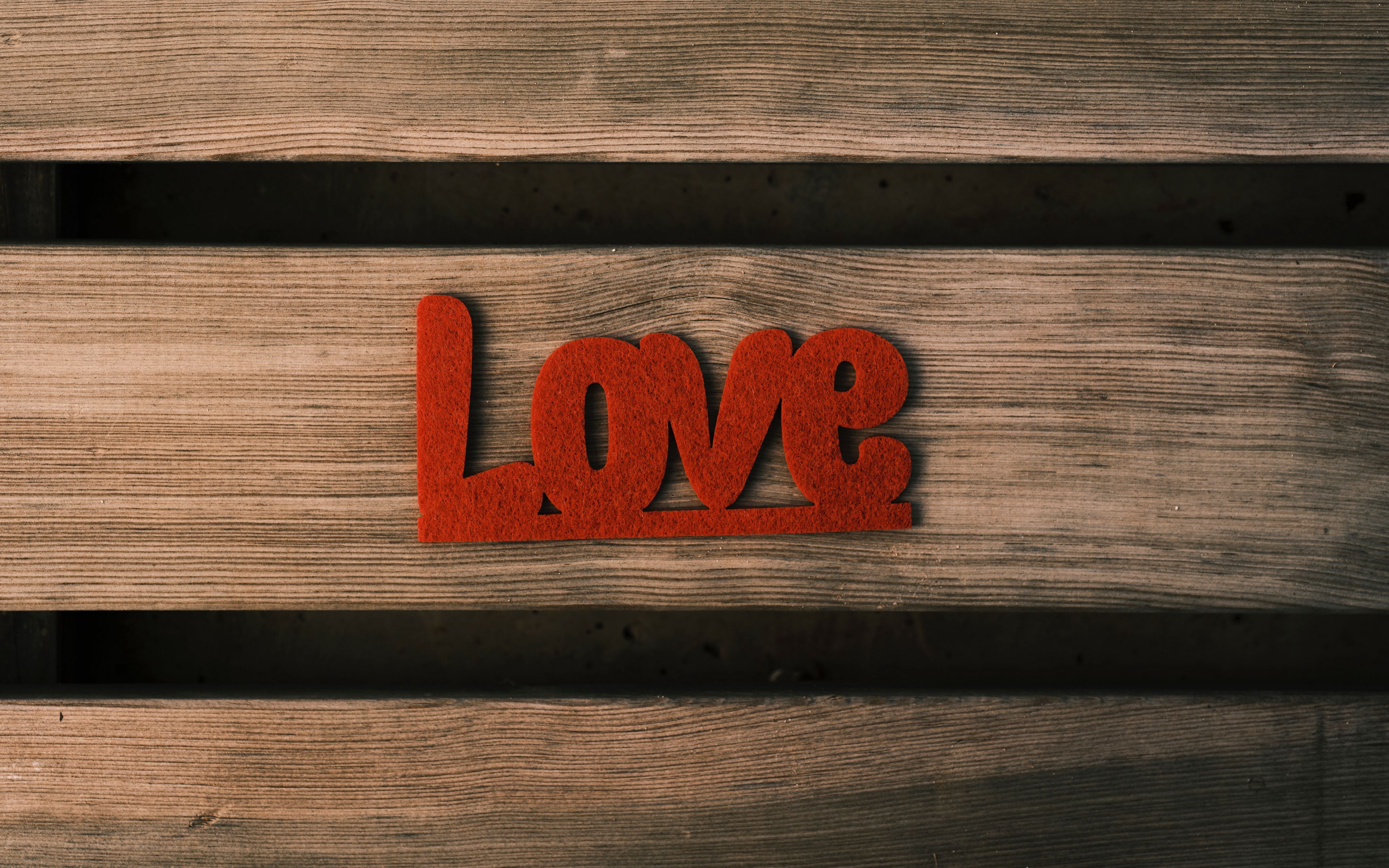 3840x2400 Wallpaper love, word, wood, surface, red
