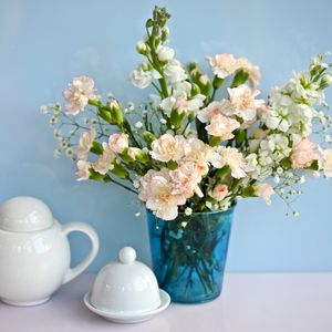Preview wallpaper lucius, carnations, babys breath, bouquet, vase, porcelain
