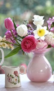 Preview wallpaper lucius, ranunkulyus, rose, peony, carnation, bouquet, marshmallows, jugs