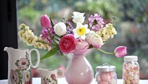 Preview wallpaper lucius, ranunkulyus, rose, peony, carnation, bouquet, marshmallows, jugs