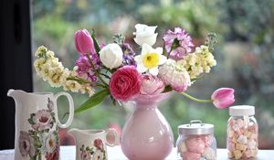 Preview wallpaper lucius, ranunkulyus, rose, peony, carnation, bouquet, marshmallows, jugs