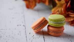 Preview wallpaper macarons, cake, dessert, pastries, colorful, wooden