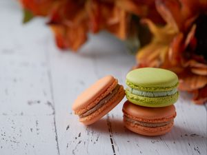 Preview wallpaper macarons, cake, dessert, pastries, colorful, wooden