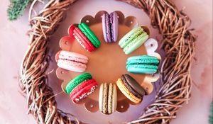 Preview wallpaper macarons, cookies, colorful, dessert, basket