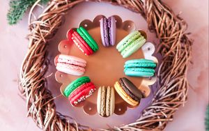 Preview wallpaper macarons, cookies, colorful, dessert, basket