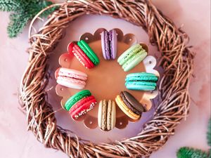 Preview wallpaper macarons, cookies, colorful, dessert, basket