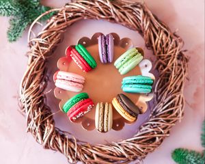 Preview wallpaper macarons, cookies, colorful, dessert, basket