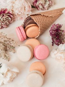 Preview wallpaper macarons, cookies, cone, dessert, flowers