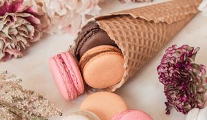 Preview wallpaper macarons, cookies, cone, dessert, flowers