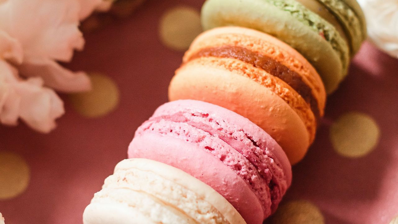 Wallpaper macarons, cookies, dessert, flowers, petals, colorful