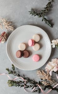 Preview wallpaper macarons, cookies, dessert, plate, flowers