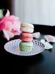 Preview wallpaper macarons, cookies, dessert, plate, colorful