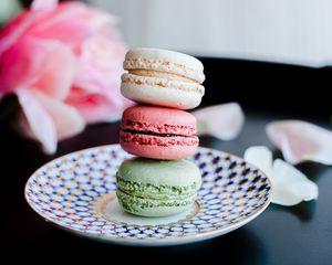 Preview wallpaper macarons, cookies, dessert, plate, colorful