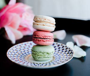 Preview wallpaper macarons, cookies, dessert, plate, colorful