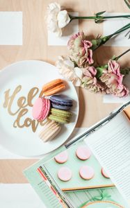 Preview wallpaper macarons, cookies, dessert, plate, flowers, book