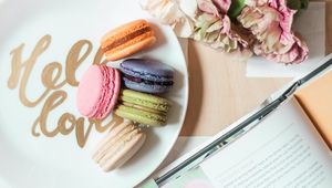 Preview wallpaper macarons, cookies, dessert, plate, flowers, book