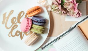 Preview wallpaper macarons, cookies, dessert, plate, flowers, book