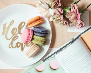 Preview wallpaper macarons, cookies, dessert, plate, flowers, book