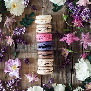 Preview wallpaper macaroons, cookies, flowers, colorful, leaves