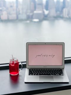 240x320 Wallpaper macbook, laptop, cup, drink, inscription, words