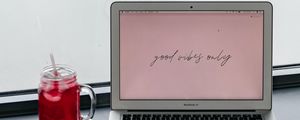 Preview wallpaper macbook, laptop, cup, drink, inscription, words