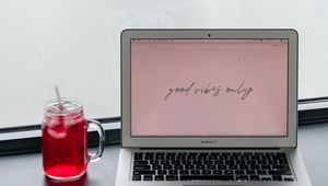 Preview wallpaper macbook, laptop, cup, drink, inscription, words