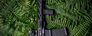 Preview wallpaper machine gun, weapon, black, fern, leaves